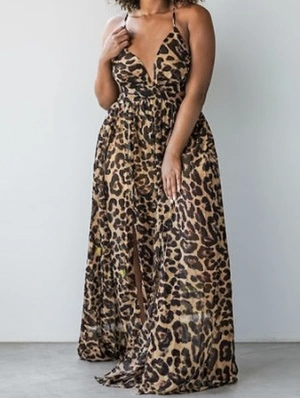 Leopard Deep V Neck Backless Maxi Dress