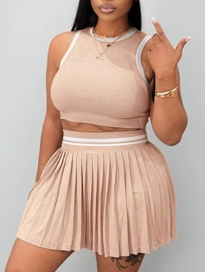 Plain Cropped Tank Pleated Skirt Sets