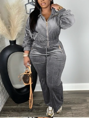 Plain Velour Zipper Sweatshirt Pant Sets