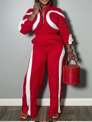 Colorblock Baggy Zipper Lapel Jumpsuits