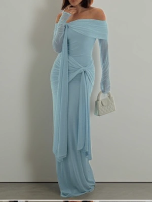 Tie-wrap Ribbons Off Shoulder Maxi Dress