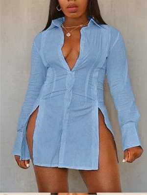 Plain Button Up Split Hem Fitted Shirt