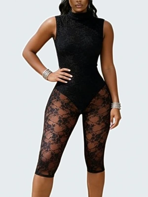 Lace Panel Sheer Backless Capri Rompers