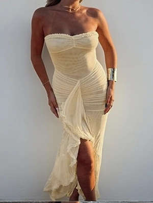 Ruched Strapless Ruffle Sheer Maxi Dress