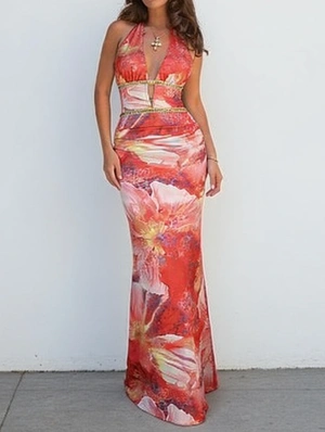 Flower Colorblock Shiny Lace-Up Maxi Dress
