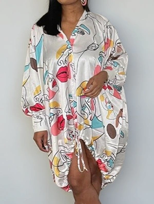 Satin Abstract Printed Shirt Mini Dress
