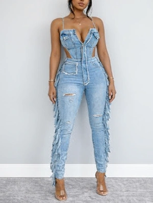 Sleeveless Ripped Denim Fringe Jumpsuits