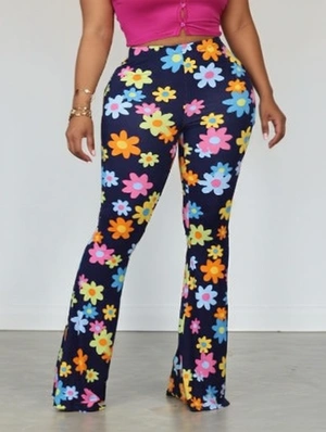 Colorblock Floral Plaid Bodycon Flared Pants