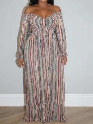 Smocked Colorblock Off Shoulder Maxi Dress