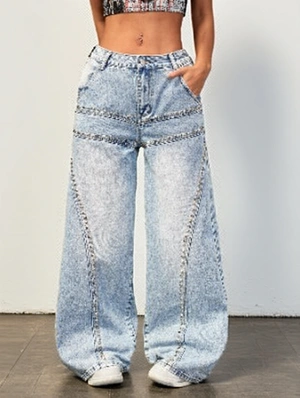 Washed Denim Rhinestones Wide Leg Jeans