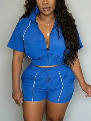 Striped Trim Lapel Cropped Short Sets