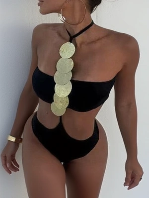 Metal Decor Halter Backless One-Pieces