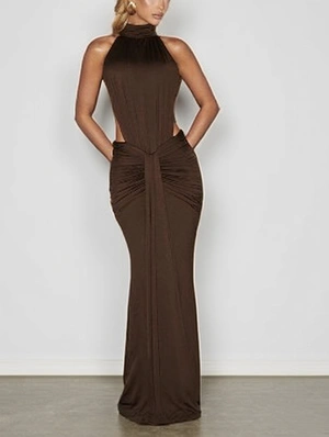 Ruched Halter Backless Maxi Dress