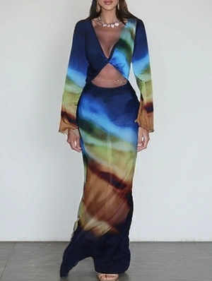 Watercolor Deep V Neck Backless Maxi Dress
