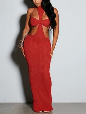 Rib Halter Backless Lace-Up Maxi Dress