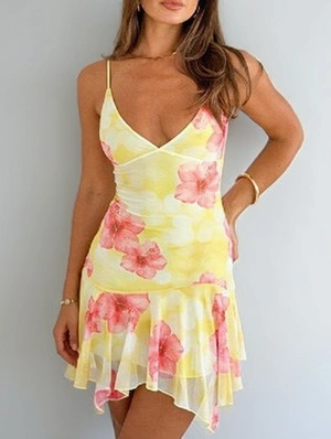 Irregular Floral Sleeveless Mini Dress