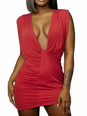 Ruched Sleeveless Deep V Neck Mini Dress