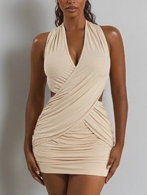 Wrap Ruched Halter Lace-Up Mini Dress