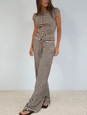 Striped Buckle Cropped Wide Leg Pant Sets