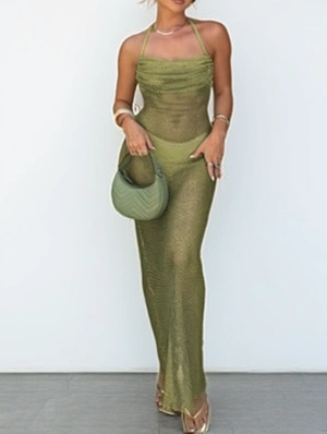 Ruched Sheer Halter Backless Maxi Dress