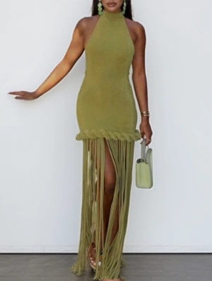 Halter Backless Tassel Maxi Dress