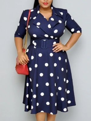 Polka Dots Lapel Swing Midi Dress With Belt