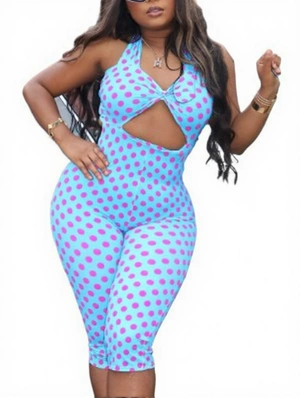 Dots Halter Lace-Up Rompers With Headscarf