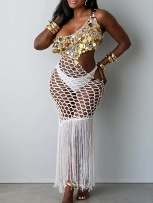 Sequin Woven Tassel Sleeveless Maxi Dress