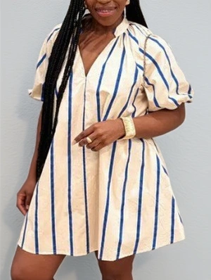 Striped V Neck Puff Sleeve Mini Dress