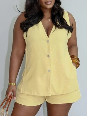 V Neck Waist Cut Buckle Vest Short Sets