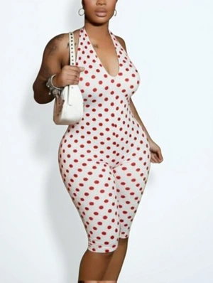 Dots Halter Backless Lace-Up Rompers