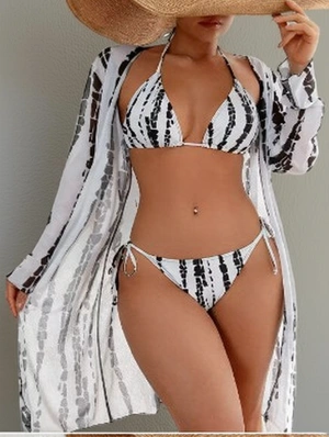 Striped Bikinis Gauze Smock 3 Piece Sets