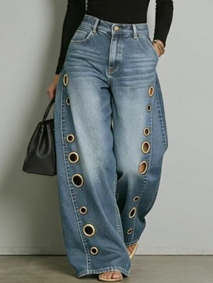 Eyelets Metal Decor Washed Denim Jeans