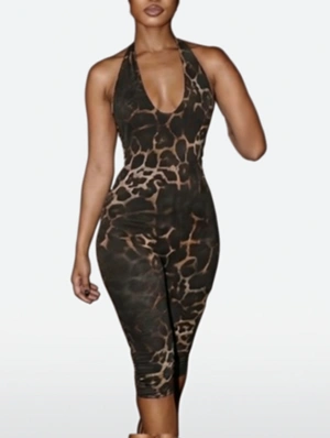 Leopard Halter Backless Capri Rompers