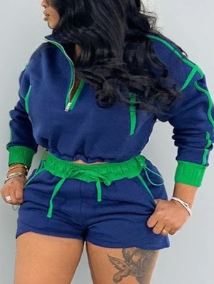 Colorblock Zipper Sweatshirt Short Sets