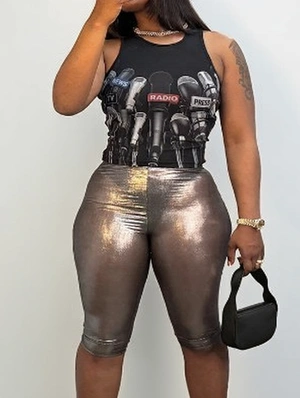 Printed Tank Metallic Knee Shorts Sets