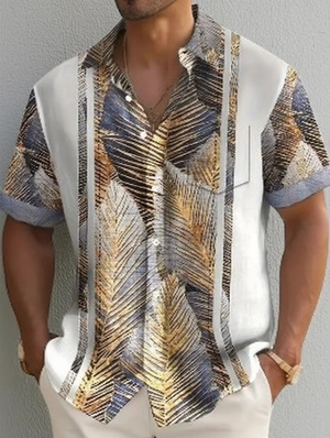 Men's Gold Leaf Print Summer Casual Shirt