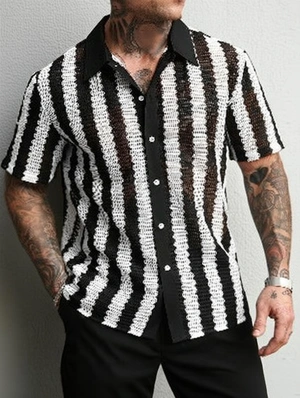 Men Striped Crochet Button Down Shirt