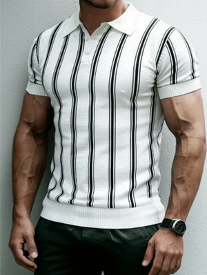 Men Knit Collar Vertical Stripe Polo Tee