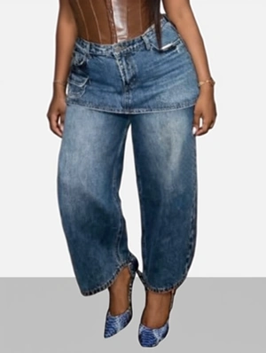 Distressed Denim Faux Two-Piece Jeans