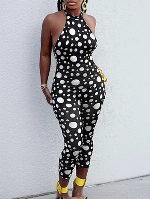 Polka Dots Halter Backless Ruched Jumpsuits