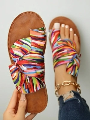 Rainbow Bow Tie Flat Sandals Slippers