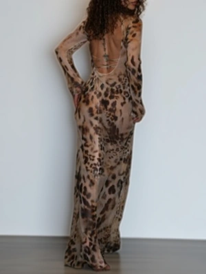 Leopard Tie-wrap Backless Maxi Dress