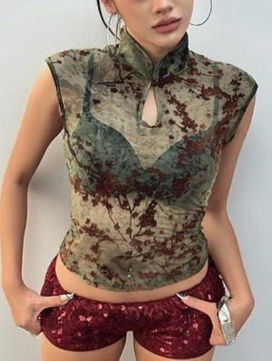 Floral Sheer Mandarin Collar Tops