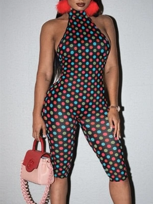 Contrast Dots Halter Backless Rompers
