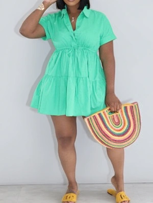 Plain Color Loose Buckle Short Sleeve Dress