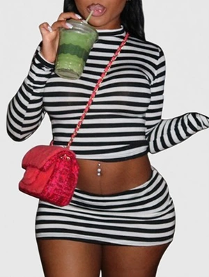 Striped Bodycon Cropped Skirt Sets
