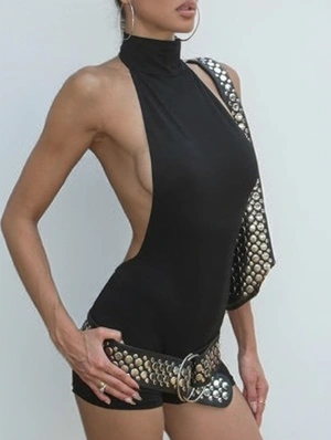 Halter Backless Lace-Up Rompers