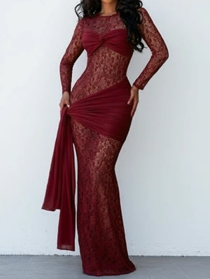 Lace Panel Sheer Ribbons Maxi Dress
