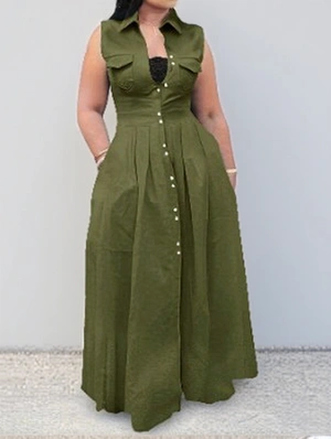Sleeveless A-line Shirt Maxi Dress
